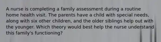 A nurse is completing a family assessment during a routine home health visit. The parents have a child with special needs, along with six other children, and the older siblings help out with the younger. Which theory would best help the nurse understand this family's functioning?