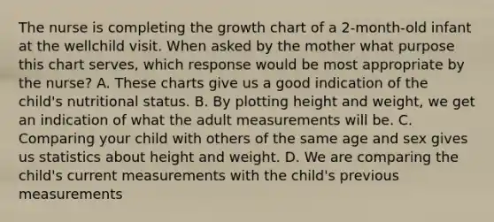 The nurse is completing the growth chart of a 2-month-old infant at the wellchild visit. When asked by the mother what purpose this chart serves, which response would be most appropriate by the nurse? A. These charts give us a good indication of the child's nutritional status. B. By plotting height and weight, we get an indication of what the adult measurements will be. C. Comparing your child with others of the same age and sex gives us statistics about height and weight. D. We are comparing the child's current measurements with the child's previous measurements