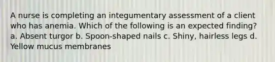 A nurse is completing an integumentary assessment of a client who has anemia. Which of the following is an expected finding? a. Absent turgor b. Spoon-shaped nails c. Shiny, hairless legs d. Yellow mucus membranes