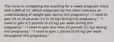 The nurse is completing the teaching for a newly pregnant client with a BMI of 23. Which statement by the client indicates an understanding of weight gain during this pregnancy? -"I need to gain 25 to 35 pounds (11 to 16 kg) during this pregnancy." -"I need to gain 0.5 pounds (0.23 kg) per week during this pregnancy." -"I need to gain less than 25 pounds (11 kg) during this pregnancy." -"I need to gain 1 pound (0.45 kg) per week throughout this pregnancy."