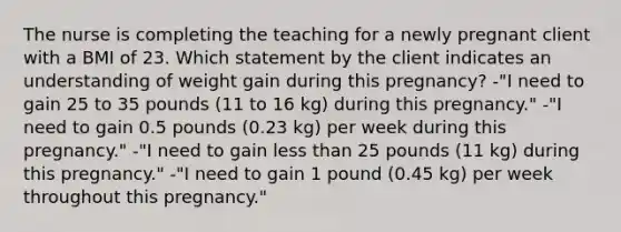 The nurse is completing the teaching for a newly pregnant client with a BMI of 23. Which statement by the client indicates an understanding of weight gain during this pregnancy? -"I need to gain 25 to 35 pounds (11 to 16 kg) during this pregnancy." -"I need to gain 0.5 pounds (0.23 kg) per week during this pregnancy." -"I need to gain less than 25 pounds (11 kg) during this pregnancy." -"I need to gain 1 pound (0.45 kg) per week throughout this pregnancy."