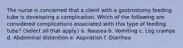 The nurse is concerned that a client with a gastrostomy feeding tube is developing a complication. Which of the following are considered complications associated with this type of feeding tube? (Select all that apply.) a. Nausea b. Vomiting c. Leg cramps d. Abdominal distention e. Aspiration f. Diarrhea