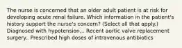 The nurse is concerned that an older adult patient is at risk for developing acute renal failure. Which information in the patient's history support the nurse's concern? (Select all that apply.) Diagnosed with hypotension,.. Recent aortic valve replacement surgery.. Prescribed high doses of intravenous antibiotics