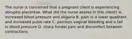 The nurse is concerned that a pregnant client is experiencing abruptio placentae. What did the nurse assess in this client? A. increased blood pressure and oliguria B. pain in a lower quadrant and increased pulse rate C. painless vaginal bleeding and a fall in blood pressure D. sharp fundal pain and discomfort between contractions