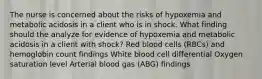 The nurse is concerned about the risks of hypoxemia and metabolic acidosis in a client who is in shock. What finding should the analyze for evidence of hypoxemia and metabolic acidosis in a client with shock? Red blood cells (RBCs) and hemoglobin count findings White blood cell differential Oxygen saturation level Arterial blood gas (ABG) findings