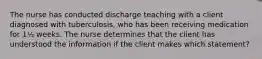 The nurse has conducted discharge teaching with a client diagnosed with tuberculosis, who has been receiving medication for 1½ weeks. The nurse determines that the client has understood the information if the client makes which statement?