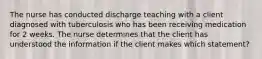 The nurse has conducted discharge teaching with a client diagnosed with tuberculosis who has been receiving medication for 2 weeks. The nurse determines that the client has understood the information if the client makes which statement?