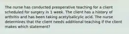 The nurse has conducted preoperative teaching for a client scheduled for surgery in 1 week. The client has a history of arthritis and has been taking acetylsalicylic acid. The nurse determines that the client needs additional teaching if the client makes which statement?