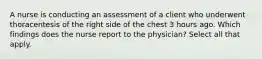 A nurse is conducting an assessment of a client who underwent thoracentesis of the right side of the chest 3 hours ago. Which findings does the nurse report to the physician? Select all that apply.