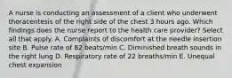 A nurse is conducting an assessment of a client who underwent thoracentesis of the right side of the chest 3 hours ago. Which findings does the nurse report to the health care provider? Select all that apply. A. Complaints of discomfort at the needle insertion site B. Pulse rate of 82 beats/min C. Diminished breath sounds in the right lung D. Respiratory rate of 22 breaths/min E. Unequal chest expansion