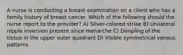 A nurse is conducting a breast examination on a client who has a family history of breast cancer. Which of the following should the nurse report to the provider? A) Silver-colored striae B) Unilateral nipple inversion present since menarche C) Dimpling of the tissue in the upper outer quadrant D) Visible symmetrical venous patterns