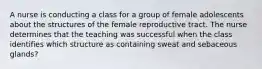 A nurse is conducting a class for a group of female adolescents about the structures of the female reproductive tract. The nurse determines that the teaching was successful when the class identifies which structure as containing sweat and sebaceous glands?