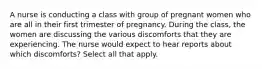 A nurse is conducting a class with group of pregnant women who are all in their first trimester of pregnancy. During the class, the women are discussing the various discomforts that they are experiencing. The nurse would expect to hear reports about which discomforts? Select all that apply.