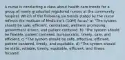 A nurse is conducting a class about health care trends for a group of newly graduated registered nurses at the community hospital. Which of the following six trends stated by the nurse reflects the Institute of Medicine's (1OM) focus? a) "The system should be safe, efficient, centralized, wellness promoting, government driven, and patient centered. b) "The system should be flexible, patient centered, bureaucratic, timely, safe, and efficient. c) "The system should be safe, effective, efficient, patient centered, timely, and equitable. d) "The system should be static, reliable, timely, equitable, efficient, and illness focused.