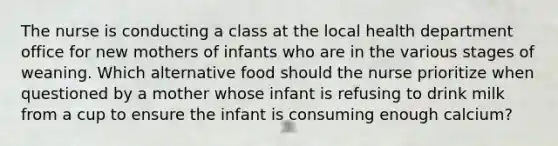 The nurse is conducting a class at the local health department office for new mothers of infants who are in the various stages of weaning. Which alternative food should the nurse prioritize when questioned by a mother whose infant is refusing to drink milk from a cup to ensure the infant is consuming enough calcium?