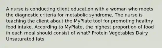 A nurse is conducting client education with a woman who meets the diagnostic criteria for metabolic syndrome. The nurse is teaching the client about the MyPlate tool for promoting healthy food intake. According to MyPlate, the highest proportion of food in each meal should consist of what? Protein Vegetables Dairy Unsaturated fats