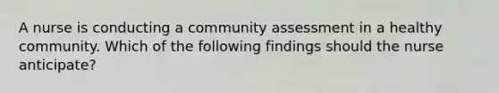 A nurse is conducting a community assessment in a healthy community. Which of the following findings should the nurse anticipate?