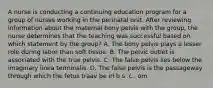 A nurse is conducting a continuing education program for a group of nurses working in the perinatal unit. After reviewing information about the maternal bony pelvis with the group, the nurse determines that the teaching was successful based on which statement by the group? A. The bony pelvis plays a lesser role during labor than soft tissue. B. The pelvic outlet is associated with the true pelvis. C. The false pelvis lies below the imaginary linea terminalis. D. The false pelvis is the passageway through which the fetus traav be irl b s .c . om