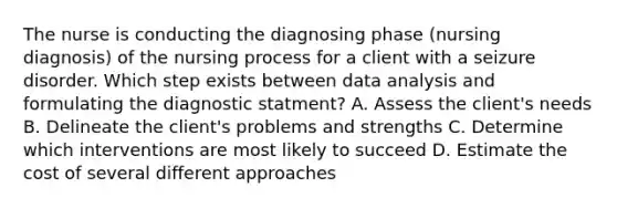 The nurse is conducting the diagnosing phase (nursing diagnosis) of the nursing process for a client with a seizure disorder. Which step exists between data analysis and formulating the diagnostic statment? A. Assess the client's needs B. Delineate the client's problems and strengths C. Determine which interventions are most likely to succeed D. Estimate the cost of several different approaches