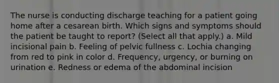 The nurse is conducting discharge teaching for a patient going home after a cesarean birth. Which signs and symptoms should the patient be taught to report? (Select all that apply.) a. Mild incisional pain b. Feeling of pelvic fullness c. Lochia changing from red to pink in color d. Frequency, urgency, or burning on urination e. Redness or edema of the abdominal incision