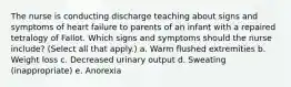 The nurse is conducting discharge teaching about signs and symptoms of heart failure to parents of an infant with a repaired tetralogy of Fallot. Which signs and symptoms should the nurse include? (Select all that apply.) a. Warm flushed extremities b. Weight loss c. Decreased urinary output d. Sweating (inappropriate) e. Anorexia