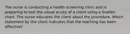 The nurse is conducting a health screening clinic and is preparing to test the visual acuity of a client using a Snellen chart. The nurse educates the client about the procedure. Which statement by the client indicates that the teaching has been effective?