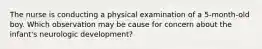 The nurse is conducting a physical examination of a 5-month-old boy. Which observation may be cause for concern about the infant's neurologic development?