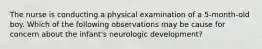 The nurse is conducting a physical examination of a 5-month-old boy. Which of the following observations may be cause for concern about the infant's neurologic development?