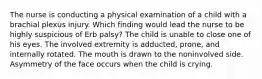 The nurse is conducting a physical examination of a child with a brachial plexus injury. Which finding would lead the nurse to be highly suspicious of Erb palsy? The child is unable to close one of his eyes. The involved extremity is adducted, prone, and internally rotated. The mouth is drawn to the noninvolved side. Asymmetry of the face occurs when the child is crying.