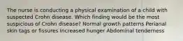 The nurse is conducting a physical examination of a child with suspected Crohn disease. Which finding would be the most suspicious of Crohn disease? Normal growth patterns Perianal skin tags or fissures Increased hunger Abdominal tenderness