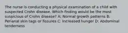 The nurse is conducting a physical examination of a child with suspected Crohn disease. Which finding would be the most suspicious of Crohn disease? A: Normal growth patterns B: Perianal skin tags or fissures C: Increased hunger D: Abdominal tenderness