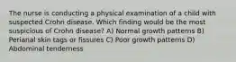 The nurse is conducting a physical examination of a child with suspected Crohn disease. Which finding would be the most suspicious of Crohn disease? A) Normal growth patterns B) Perianal skin tags or fissures C) Poor growth patterns D) Abdominal tenderness