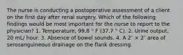 The nurse is conducting a postoperative assessment of a client on the first day after renal surgery. Which of the following findings would be most important for the nurse to report to the physician? 1. Temperature, 99.8 ° F (37.7 ° C). 2. Urine output, 20 mL/ hour. 3. Absence of bowel sounds. 4. A 2″ × 2″ area of serosanguineous drainage on the flank dressing.