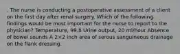 . The nurse is conducting a postoperative assessment of a client on the first day after renal surgery. Which of the following findings would be most important for the nurse to report to the physician? Temperature, 99.8 Urine output, 20 ml/hour Absence of bowel sounds A 2×2 inch area of serous sanguineous drainage on the flank dressing.