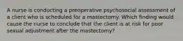 A nurse is conducting a preoperative psychosocial assessment of a client who is scheduled for a mastectomy. Which finding would cause the nurse to conclude that the client is at risk for poor sexual adjustment after the mastectomy?