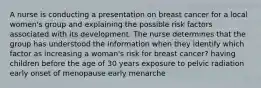 A nurse is conducting a presentation on breast cancer for a local women's group and explaining the possible risk factors associated with its development. The nurse determines that the group has understood the information when they identify which factor as increasing a woman's risk for breast cancer? having children before the age of 30 years exposure to pelvic radiation early onset of menopause early menarche