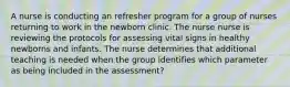 A nurse is conducting an refresher program for a group of nurses returning to work in the newborn clinic. The nurse nurse is reviewing the protocols for assessing vital signs in healthy newborns and infants. The nurse determines that additional teaching is needed when the group identifies which parameter as being included in the assessment?