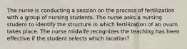 The nurse is conducting a session on the process of fertilization with a group of nursing students. The nurse asks a nursing student to identify the structure in which fertilization of an ovum takes place. The nurse midwife recognizes the teaching has been effective if the student selects which location?