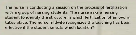 The nurse is conducting a session on the process of fertilization with a group of nursing students. The nurse asks a nursing student to identify the structure in which fertilization of an ovum takes place. The nurse midwife recognizes the teaching has been effective if the student selects which location?