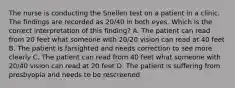 The nurse is conducting the Snellen test on a patient in a clinic. The findings are recorded as 20/40 in both eyes. Which is the correct interpretation of this finding? A. The patient can read from 20 feet what someone with 20/20 vision can read at 40 feet B. The patient is farsighted and needs correction to see more clearly C. The patient can read from 40 feet what someone with 20/40 vision can read at 20 feet D. The patient is suffering from presbyopia and needs to be rescreened