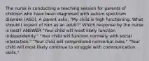 The nurse is conducting a teaching session for parents of children who have been diagnosed with autism spectrum disorder (ASD). A parent asks, "My child is high functioning. What should I expect of him as an adult?" Which response by the nurse is best? ANSWER "Your child will most likely function independently." "Your child will function normally with social interaction." "Your child will comprehend nonverbal cues." "Your child will most likely continue to struggle with communication skills."