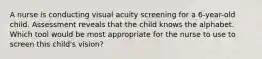 A nurse is conducting visual acuity screening for a 6-year-old child. Assessment reveals that the child knows the alphabet. Which tool would be most appropriate for the nurse to use to screen this child's vision?