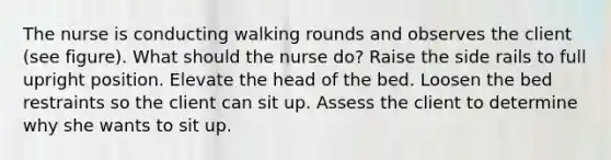 The nurse is conducting walking rounds and observes the client (see figure). What should the nurse do? Raise the side rails to full upright position. Elevate the head of the bed. Loosen the bed restraints so the client can sit up. Assess the client to determine why she wants to sit up.