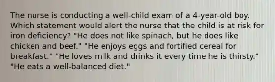 The nurse is conducting a well-child exam of a 4-year-old boy. Which statement would alert the nurse that the child is at risk for iron deficiency? "He does not like spinach, but he does like chicken and beef." "He enjoys eggs and fortified cereal for breakfast." "He loves milk and drinks it every time he is thirsty." "He eats a well-balanced diet."