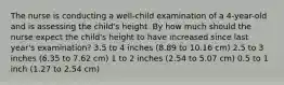 The nurse is conducting a well-child examination of a 4-year-old and is assessing the child's height. By how much should the nurse expect the child's height to have increased since last year's examination? 3.5 to 4 inches (8.89 to 10.16 cm) 2.5 to 3 inches (6.35 to 7.62 cm) 1 to 2 inches (2.54 to 5.07 cm) 0.5 to 1 inch (1.27 to 2.54 cm)