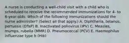 A nurse is conducting a well-child visit with a child who is scheduled to receive the recommended immunizations for 4- to 6-year-olds. Which of the following immunizations should the nurse administer? (Select all that apply.) A. Diphtheria, tetanus, pertussis (DTaP) B. Inactivated poliovirus (IPV) C. Measles, mumps, rubella (MMR) D. Pneumococcal (PCV) E. Haemophilus influenzae type b (Hib)