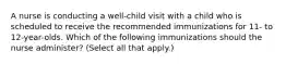 A nurse is conducting a well-child visit with a child who is scheduled to receive the recommended immunizations for 11- to 12-year-olds. Which of the following immunizations should the nurse administer? (Select all that apply.)