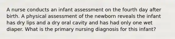 A nurse conducts an infant assessment on the fourth day after birth. A physical assessment of the newborn reveals the infant has dry lips and a dry oral cavity and has had only one wet diaper. What is the primary nursing diagnosis for this infant?