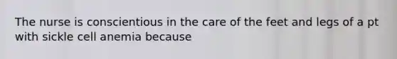 The nurse is conscientious in the care of the feet and legs of a pt with sickle cell anemia because