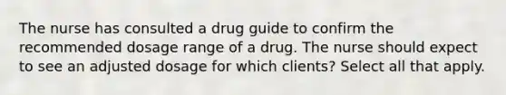 The nurse has consulted a drug guide to confirm the recommended dosage range of a drug. The nurse should expect to see an adjusted dosage for which clients? Select all that apply.